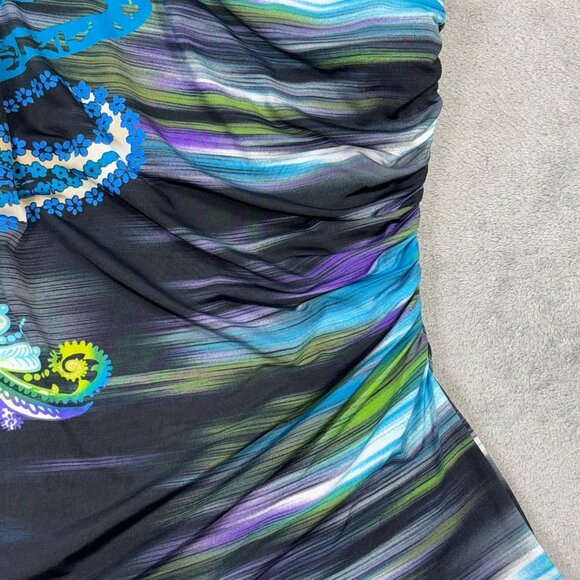 NEW Vintage Cache Ruched One-Shoulder Top Paisley Statement Blouse Y2K Stretch - Picture 3 of 9